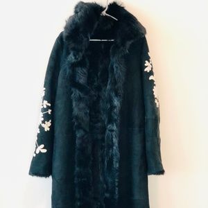 Vintage Like New DKNY Black Suede Shearling long Appliqué Coat Boho Designer!